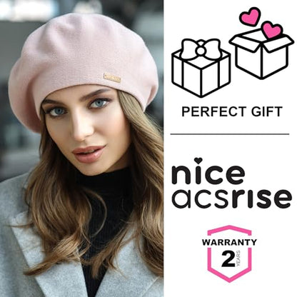 Beret - Warm Lined Wool Angora Knit Berets - French Paris Hat for Women - color: Pink