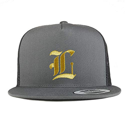 Trendy Apparel Shop Old English Gold L Embroidered 5 Panel Flatbill Trucker Mesh Cap - color: Charcoal