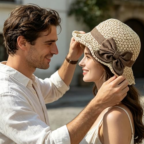 Elegant Woven Straw Sun Hat with Bow, Straw Hat with Retro Bow for Women Wide Brim Packable Travel Bucket Hats - color: Beige