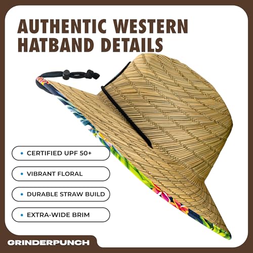grinderPUNCH Straw Sun Hat for Men Women Wide Brim Beach Fishing UPF 50 - color: Tropical Pineapple