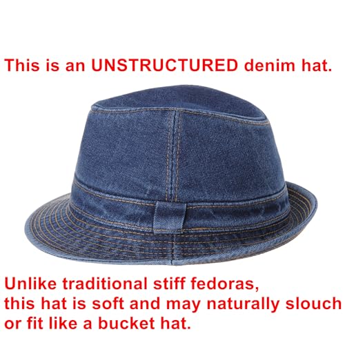 WITHMOONS Denim Bucket Hat Plain Stitch Washed Short Brim Packable Fedora DW6646 - color: Blue, size: Large