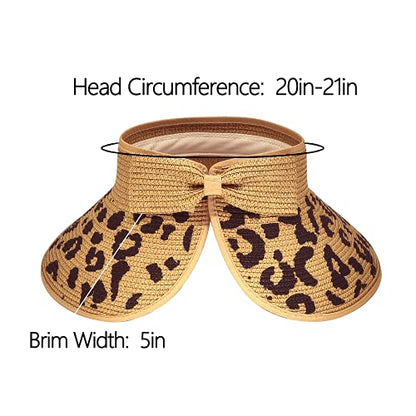 Women Sun Visors Foldable Straw Hats Summer Beach Packable Hat Floppy Wide Brim Cap Deep Style, Adjustable Size - color: Leopard