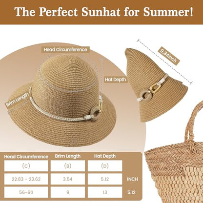 Beach Sun Straw Hats for Women, UPF 50+ UV Sun Protection Summer Straw Hat - color: Khaki - Hemp Rope Buckle