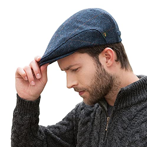 Mucros Weavers Irish Flat Cap Men Trinity Tweed Hat Driving Cap Made in Ireland - color: Col 34 (Blue Herringbone), size: X-Large