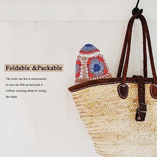 Womens Multicolor Floral Crochet Straw Sun Hat Wide Brim Summer Beach Hat - color: Red