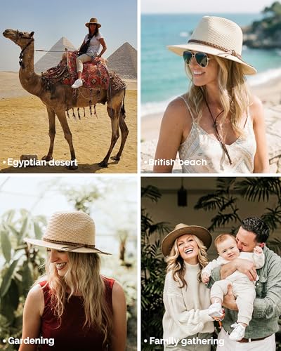 FURTALK Womens Wide Brim Sun Hat Beach Panama Fedora Straw Summer - color: Khaki, size: Medium-Large