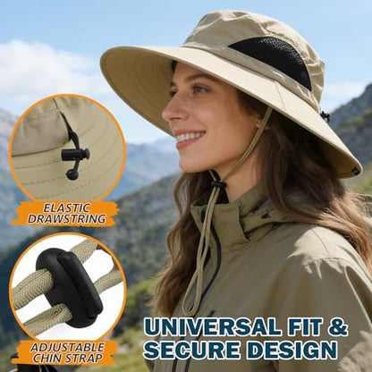 Wide Brim Sun Bucket Hat, Waterproof Boonie Hat for Men & Women - color: 01 Khaki