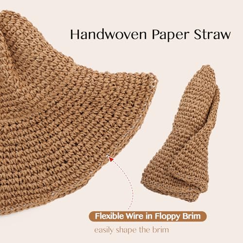 Oweisong Sun Hats for Women Wide Brim Floppy Beach Hats Packable Boho Crochet Straw Hat for Summer Vacation Travel - color: Khaki