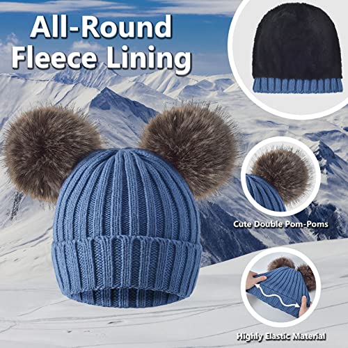 3 Pcs Women Winter Knit Beanie Hat Scarf Touchscreen Gloves Set Warm Soft Thick Fleece Lined Skull Cap with Double Pom Pom - color: Blue