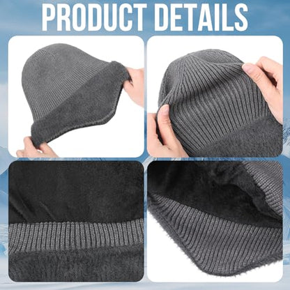 Bencailor 3 Pcs Knit Beanie Hats Winter Beanie with Earflap Black Gray Fleece Lined Hats for Men Women Warm Skull Cap Unisex Daily Headwear Winter Gifts