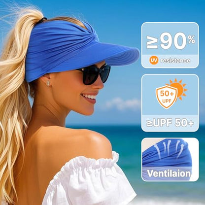Sun Hats for Women, Wide Brim UV Protection Foldable Sun Visor Hats, UPF50+ - color: Blue