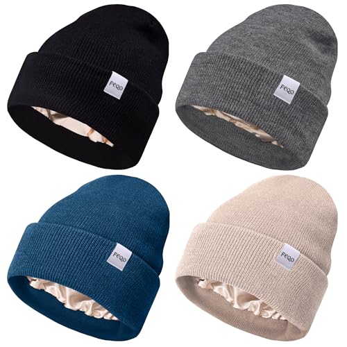 FEQO 4 Pack Satin Lined Winter Beanie Hats Soft Silk Lined Beanies - color: Oatmeal, Blue, Dark Gray, Black