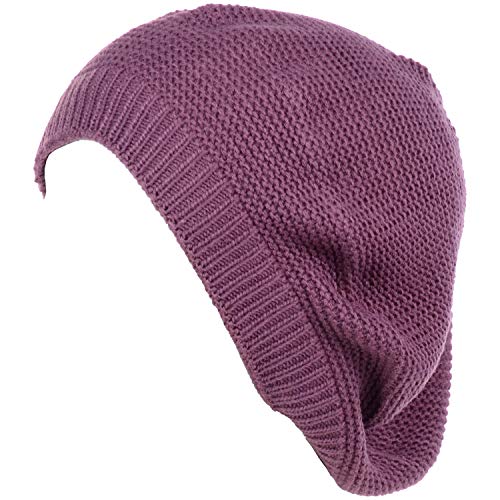 BYOS Chic French Style Lightweight Soft Slouchy Knit Beret Beanie Hat in Solid - color: 2-pack Plum & Black