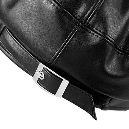 Women Buckle Spring Fall Winter Faux Leather Beret Classic British Style Hat - color: Black