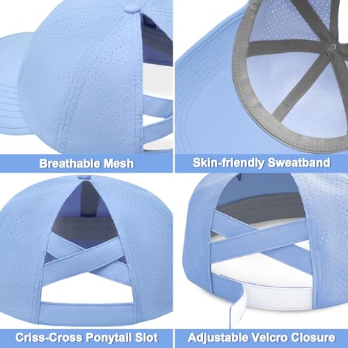 Women's Wide Brim Sun Hat with Ponytail Hole, UV Protection Criss Cross Sun Visor Hat, Lightweight & Quick-Drying Beach Cap - color: Blue