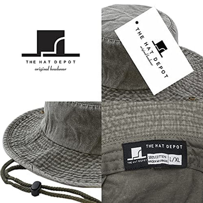 The Hat Depot Cotton Stone-Washed Safari Wide Brim Foldable Double-Sided Sun Boonie Bucket Hat - color: 3. Pigment - Olive, size: Large-X-Large