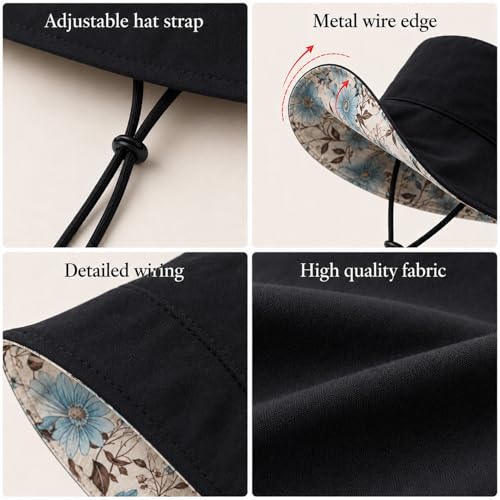 HUAMULAN Wide Brim Women Summer Sun Floppy Hat Reversible Beach Bucket Hat - color: M2320-black