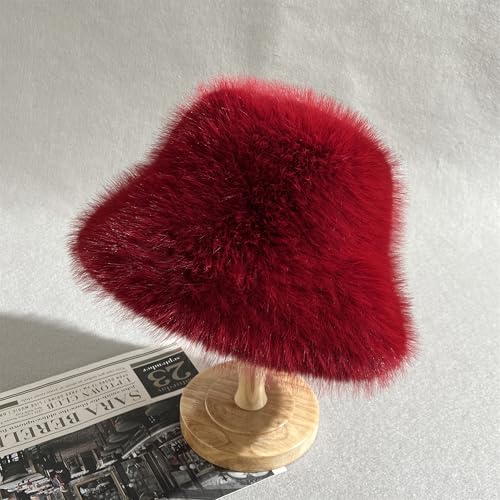 Women's Oversized Faux Fur Bucket Hat, Fluffy Plush Winter Hat, Solid Color - color: Burgundy