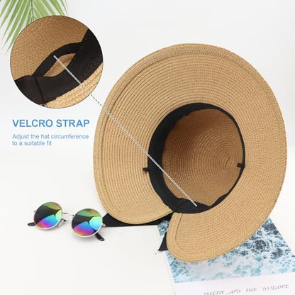 DRESHOW Sun Hats for Women Travel Fedora Foldable Beach Sun Hat Summer Wide Brim Straw Bucket Hat with Bowknot UPF 50+ - color: 1 Pack Bowknot Straw Hat: Khaki