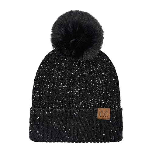 C.C Sequin Pom Beanie for Women - Acrylic Stretchable Soft Warm Knit Winter Skully Hat with Yarn Pom - color: Angora-black