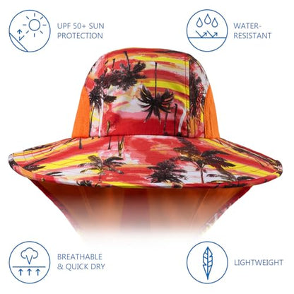 BASSDASH UPF 50+ Unisex Water Resistant Wide Brim Sun Hat with Large Neck Flap Ponytail Fishing Hat for Men Women - color: Sunset Palm Trees/Orange