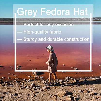 Women Men Wide Brim Fedoran Hat with Chain Belt Buckle - color: Light Grey