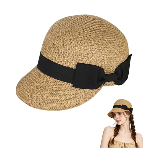 Women’s Sun Hat, Retro Bow Straw Hat Baseball Cap with Wide Brim, Foldable Breathable Beach Hats for Summer Outdoor - color: Khaki