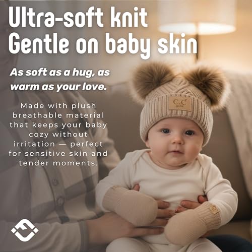 Funky Junque Baby Double Faux Fur Pom Pom Beanie & Mittens Set – Newborn Infant 0–9 Months Winter Hat with Soft Lined Mittens - color: Diagonal Basketweave: Beige (0-9 Months)