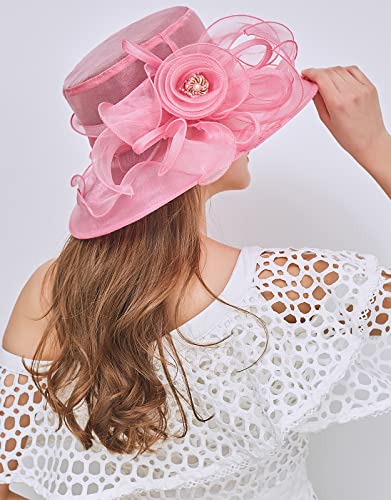 Women's Kentucky Derby Church Dress Hat Wide Brim Leaf Flower Bridal Shower Hat - color: F7 Rose Pink