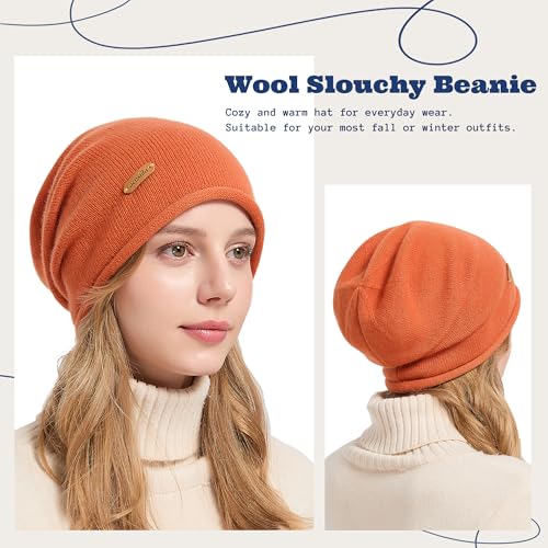 ACUSHLA 100% Merino Wool Slouchy Beanie for Women Men Winter Hat Skull Cap - color: Orange