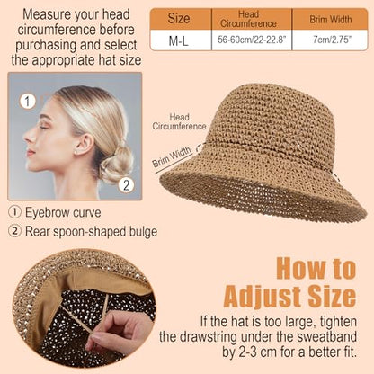 Womens Beach Hat, Packable Sun Hat, Straw Bucket Hats for Travel Khaki