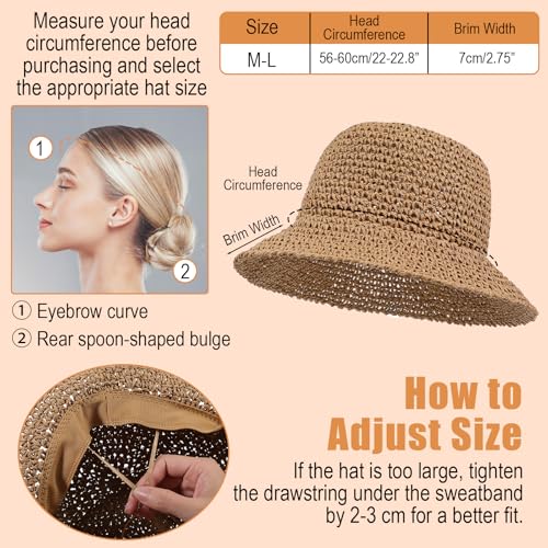 Womens Beach Hat, Packable Sun Hat, Straw Bucket Hats for Travel Khaki