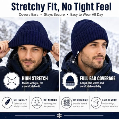 Plus Size Fleece Lined Beanie Hat - M/L/XXL Merino Wool Beanie Hat for Men - color: Navy, size: X-Large-XX-Large
