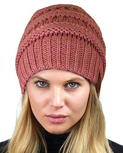 C.C Unisex Chunky Soft Stretch Cable Knit Warm Fuzzy Lined Skully Beanie - color: Mauve