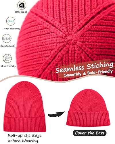 Wool Beanie for Men Women, Seamless Knit Cuffed Warm Winter Hats - color: 1pcs-red