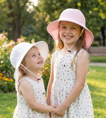 Toddler Baby Sun Hat Kids Summer Beach Essentials Adjustable Beach Hats with Bucket Wide Brim for Boys Girls Age 0-14 Years - color: 2 Pack - Pink+white, size: 8-14 Years