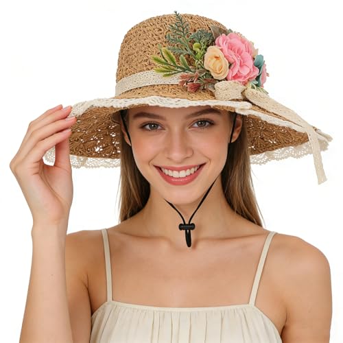 Wide Brim Straw Sun Hats for Women, Elegant Sun Beach Hats with Flower Bow, Adjustable Foldable Summer Vacation Cap - color: Khaki