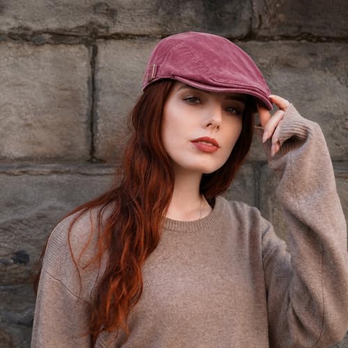 Initlove Mens Newsboy Cap Washed Beret Ivy Hat Flat Hats for Cabbie Driving - color: Black + Wine Red