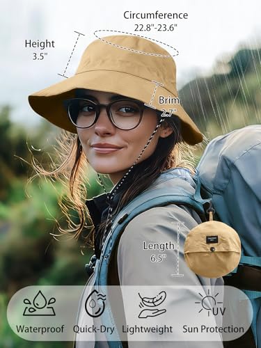 Splash-Proof Packable Bucket Hat for Men Women Lightweight Foldable Fishing Hiking Sun Hat with Adjustable Chin Strap - color: Khaki
