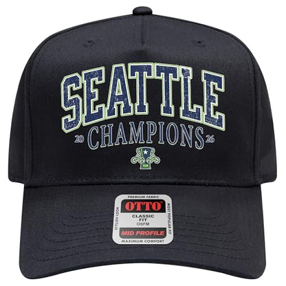 Seattle 2026 Champions Hat | Premium Adjustable Snapback Baseball Trucker Hats for Men & Women - color: Black Collegiate