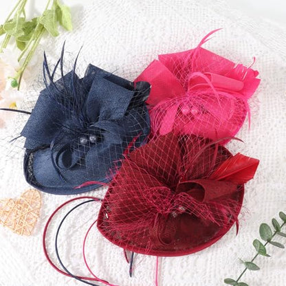 AQOKKA Women Fascinators Hats Flower Mesh Feathers Headband Clip - color: 1 Pc Feather Fascinators : Burgundy a