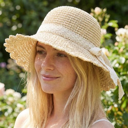 Summer Beach Sun Straw Hats for Women Wide Brim Packable Travel Bucket Hats UPF 50+ - color: Beige
