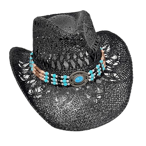Carnavalife Straw Cowboy Hat for Women and Men, Western Cowgirl Hat with Turquoise Beaded Band for Rodeos and Festivals - color: Black, size: 7 1/2