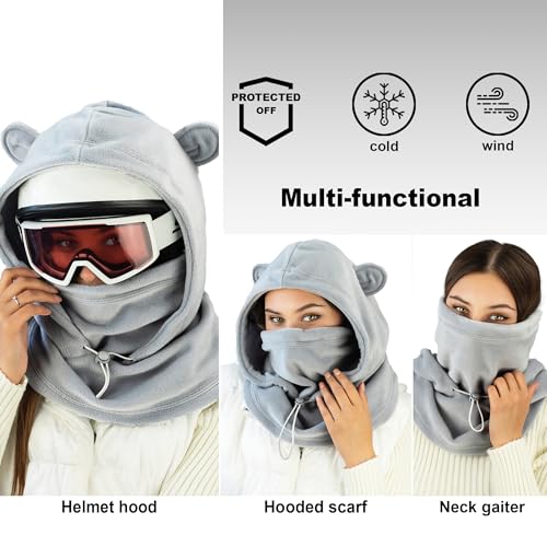 Fleece Balaclava Over Helmet - Warm Helmet Ninja Hood - Snowboard Hooded Hat Neck Gaiter Ski Mask - color: Gray-earsup, size: One Size