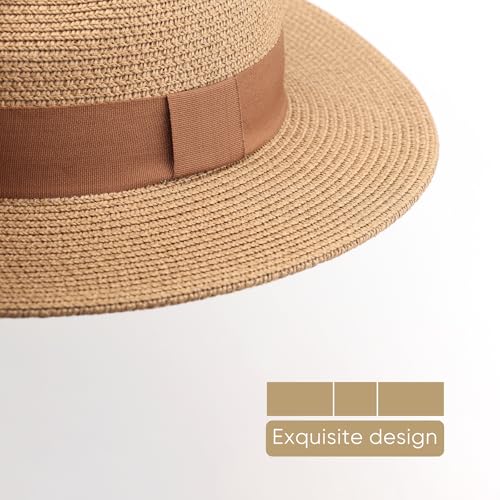 DRESHOW Women Straw Panama Hat Travel Fedora Beach Sun Hat Summer Wide Brim Straw Roll up Hats UPF 50+ - color: Fedora a Khaki (Brown Hatband)