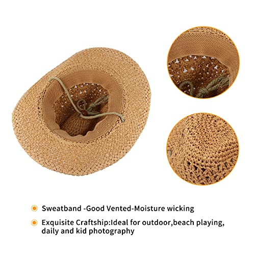 GEMVIE Baby Toddler Kids Sun Straw Western Cowboy Hat Wide Brim with Chin Strap - color: Khaki