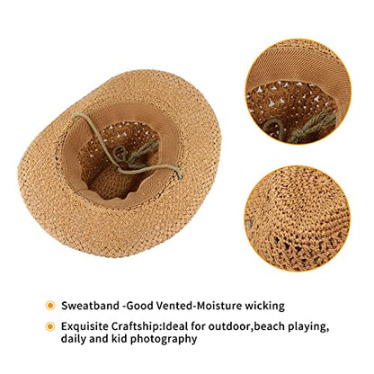 GEMVIE Baby Toddler Kids Sun Straw Western Cowboy Hat Wide Brim with Chin Strap - color: Khaki