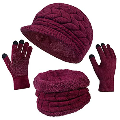 Loritta 3 in 1 Womens Winter Hat Gloves Scarf Set, Warm Hat Mittens - color: Wine