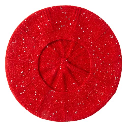 Lanzom Classic Knitted Berets for Women Stylish French Beret Hats for Women Girls Lady Beret Hat - color: Red