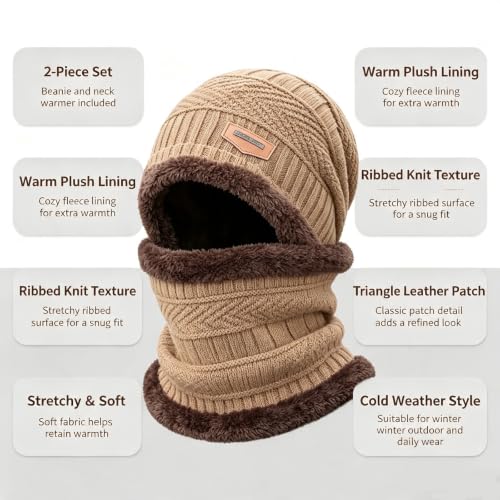 Khaki Knit Balaclava Hat Fleece Lined Winter Neck Warmer Set